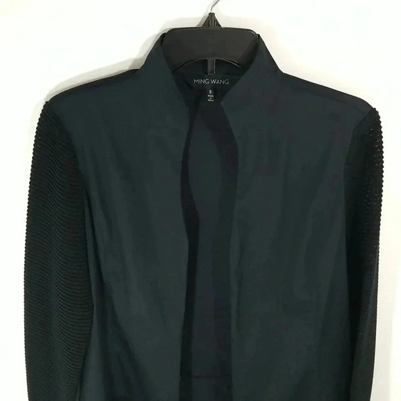 {Ming Wang} Black Mesh Long Sleeves Collar Tapered Back Open Jacket - Picture 6 of 17